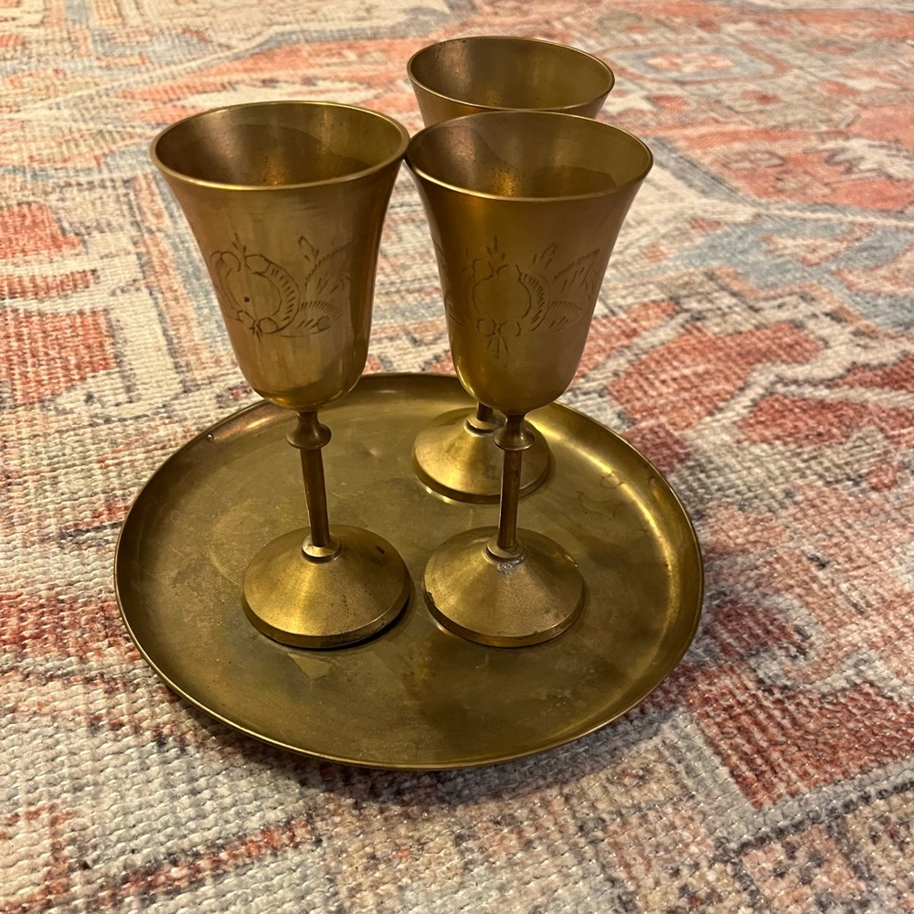vintage brass tray and cups